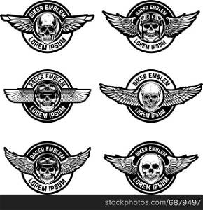 Set of biker club emblems templates. Emblems with skulls and wings. Design elements for logo, label, sign. Vector illustration