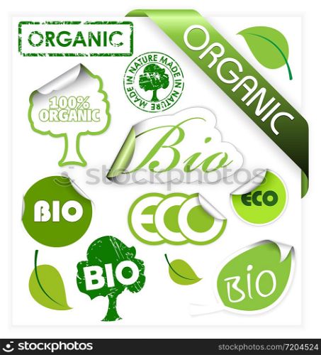 Set of bio, eco, organic elements - labels, stickers, stamps, ribbons