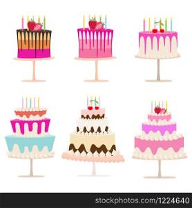 Set of birthday cakes, Sweet collection on white background. Vector illustration.