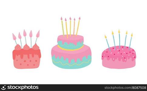 Set of Birthday Cakes with candles. Birthday Party Elements. Vector illustration