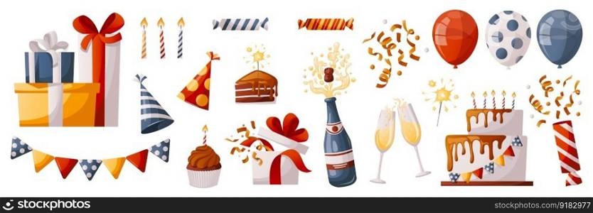 Set of birthday elements with cake, cupcake, gifts, champagne, caps, confetti, balloons, cracker. Birthday party, celebration, holiday, event, festive. Banner, flyer, advertising. Cartoon vector
