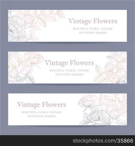 Set of birthday, invitation, wedding, party card template with floral background. Hand drawn rose banner, brochure, poster, header concept design