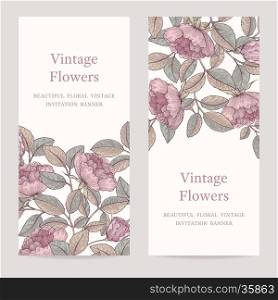 Set of birthday, invitation, wedding, party card with floral background. Hand drawn rose banner, brochure, poster, header concept design