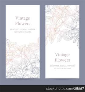 Set of birthday, invitation, wedding, party card with rose floral background. Hand drawn rose banner, brochure, poster, header concept design