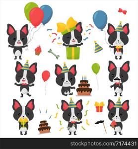 Set of birthday kawaii french bulldog with cake, balloons, gifts and mask. Vector cartoon character - puppy.