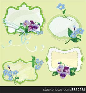 Set of Birthday, Valentines Day or Wedding frames with pansy and forget-me-not flowers - vintage floral background for holiday design