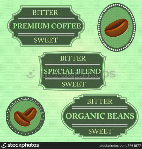 Set of bitter sweet coffee on green badge, stock vector