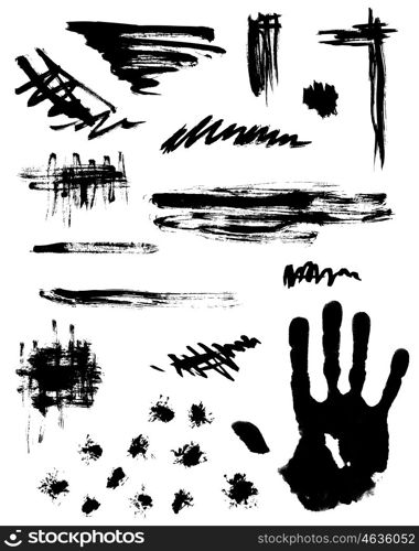 Set of black abstract vector ink blots for design