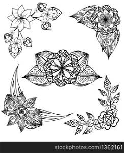 Set of black and white angular design elements doodle flowers and leaves. Vector elements for invitations, greeting cards, and your design ideas. Set of black and white angular design elements doodle flowers an