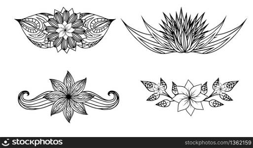 Set of black and white design elements with doodle flowers and leaves. Vector elements for invitations, greeting cards, and your design ideas. Set of black and white design elements with doodle flowers and l