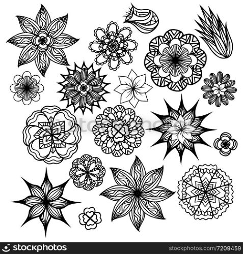Set of black and white doodle flowers. Vector element for invitations, greeting cards, and your creativity. Set of black and white doodle flowers. Vector element for invita