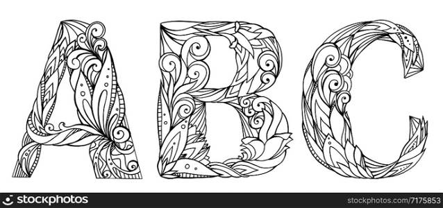 Set of black and white doodle letters with pattern. Alphabet. Coloring for adults. Vector element for your design.. Set of black and white doodle letters with pattern. Alphabet