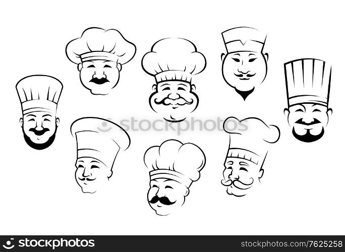 Set of black and white doodle sketch outline smiling chefs or cooks heads wearing their traditional toques. Set of eight different smiling chefs heads