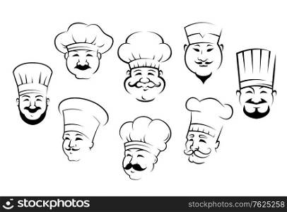 Set of black and white doodle sketch outline smiling chefs or cooks heads wearing their traditional toques. Set of eight different smiling chefs heads