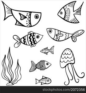 Set of black and white fishes in doodle ink style. Set of black and white fishes in doodle ink style. Hand drawn illustration