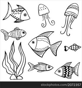 Set of black and white fishes in doodle ink style. Set of black and white fishes in doodle ink style. Hand drawn illustration