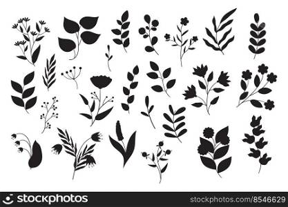 Set of black and white flowers silhouette. Doodle vector floral illustrations collection