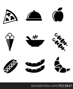 Set of black and white food icons with a slice of pizza, dome, apple, ice cream cone, kebabs, hot dog, sausages, a croissant and a bowl of hot food, vector illustrations