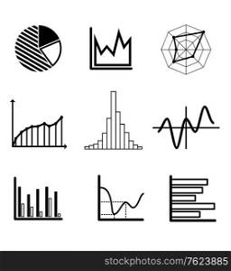 Set of black and white graphs and charts including a pie graph, bar graphs, fluctuating charts and infographics for business design