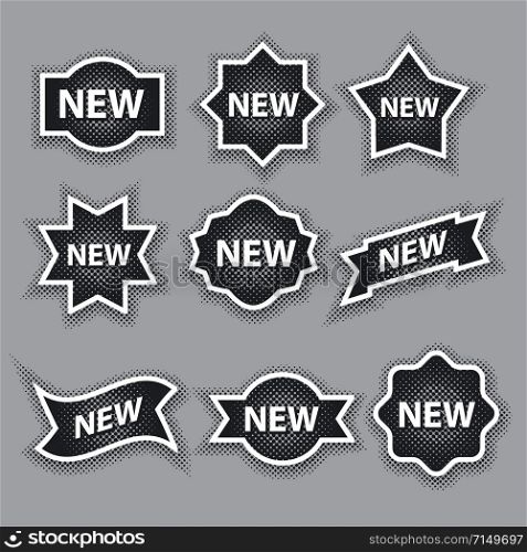 set of black and white halftone advertising stickers. halftone advertising stickers