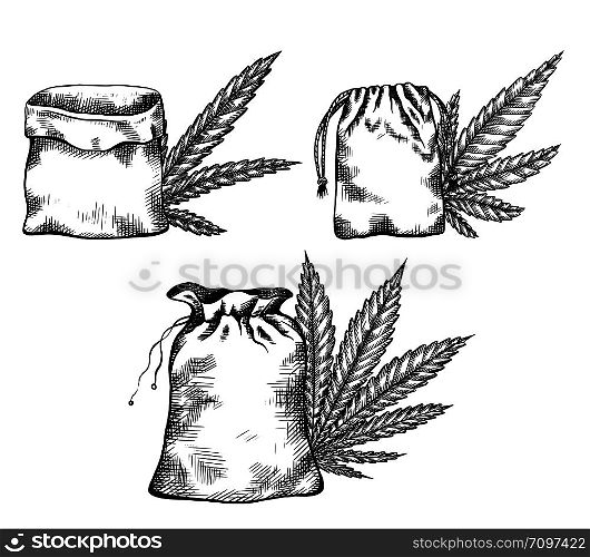 Set of black and white illustrations of hand drawn canvas bags with leaves of marijuana with hatching. Objects separate from the background. Vector engraiving element for menus, recipes, articles and your design.. Set of black and white illustrations of hand drawn canvas bags with leaves of marijuana with hatching.