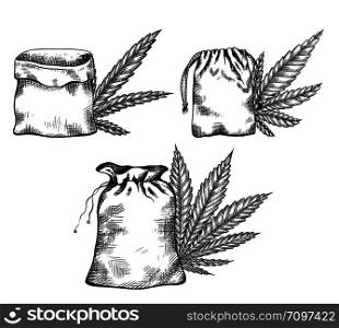 Set of black and white illustrations of hand drawn canvas bags with leaves of marijuana with hatching. Objects separate from the background. Vector engraiving element for menus, recipes, articles and your design.. Set of black and white illustrations of hand drawn canvas bags with leaves of marijuana with hatching.