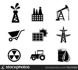 Set of black and white industrial icons depicting an oil well, industry, mining, solar panel, electricity pylon, nuclear energy, tractor and oil