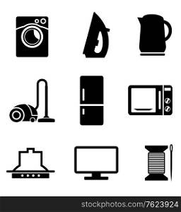 Set of black and white kitchen and home appliances icons including a vacuum cleaner, kettle, iron, fridge, microwave oven needle and cotton, television and washing machine