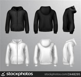Set of black and white male hooded sweatshirts in realistic style isolated vector illustration. Black And White Male Hooded Sweatshirts