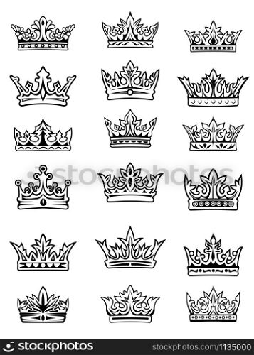 Set of black and white outline imperial and royal crowns, decorated with gemstones, symbol of monarchy or superiority, isolated on white. Set of black and white imperial and royal crowns