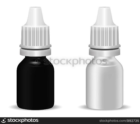 Set of black and white realistic plastic medical bottles with dropper. Pharmacy flask or vials for anti-aging essential, eye or nasal drops. Mock up vector flacons illustration isolated on white.. Black and white realistic plastic medical bottle