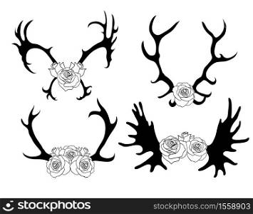 Set of black and white silhouettes of deer and elk horns with flowers. The object is separate from the background. Vector element for scrapbooking, invitations and your design. Set of black and white silhouettes of deer and elk horns with flowers. The object is separate from the background.