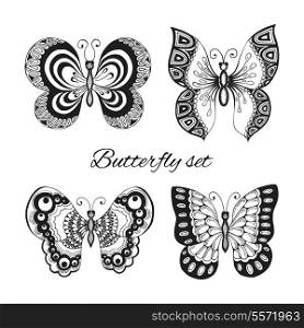 Set of black and white tattoo style butterflies with ornate wings isolated vector illustration