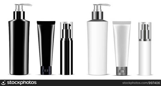 Set of black and white vector cosmetic bottle blank templates, plastic containers bottles with spray, pump dispenser, cream tube. Realistic 3d mock-up of cosmetics package.. Set vector cosmetic bottle spray, pump dispenser