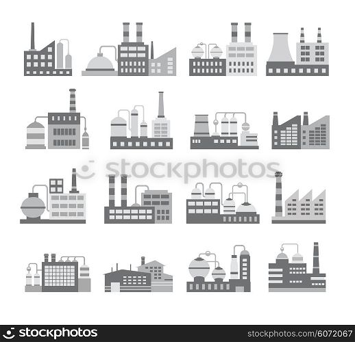 Set of black and white vector industrial buildings. Boiler building. Power building. Warehouses building. Factories building. The substation building. Buildings urban and industrial buildings.