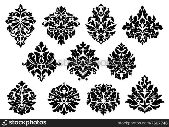 Set of black and white vector silhouette floral and foliate arabesque motifs suitable for damask style interior decor design elements