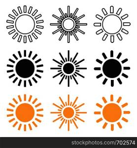 Set of black and yellow sun icons. Sun icons in linear and flat design. Eps10. Set of black and yellow sun icons. Sun icons in linear and flat design