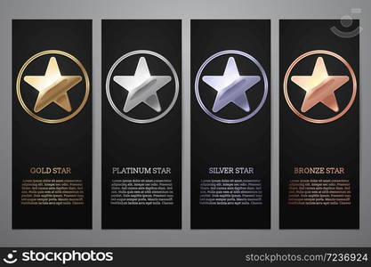 Set of black banners, Gold, platinum,silver and bronze star, Vector illustration