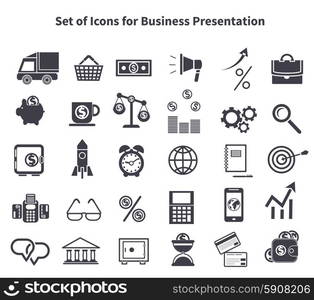 Set of black business icons. Items such as car, delivery, bag, shopping cart, basket, money, dollar, megaphone arrow percent briefcase pig moneybox on white background