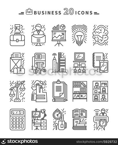 Set of black business thin, lines, outline icons for marketung, production, account, balance, accounting, management on white background. For web and mobile applications