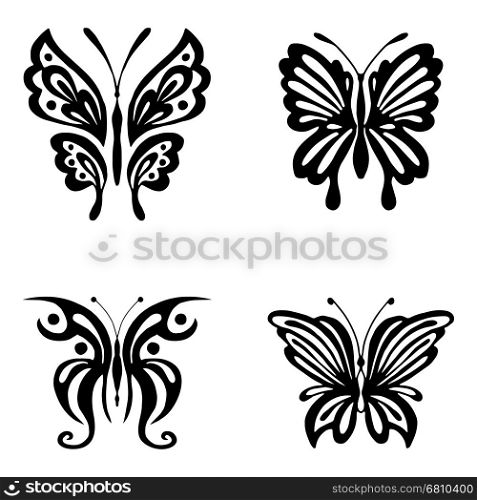 Set of black butterflies silhouettes isolated on white background. Vector illustration can be used for tattoo, logo, web, print design, logotype and branding.