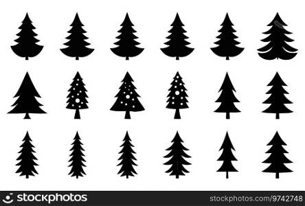 Set of black Christmas trees silhouette decorations illustration isolated on white background