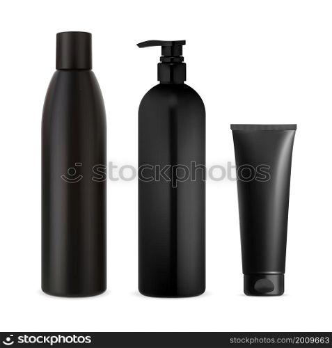 Set of black cosmetic bottle, shampoo bottle, pump container, cream tube. Realistic cosmetic collection, men body product. Body lotion dispenser template, black plastic bath pack template. Set of black cosmetic bottle, shampoo pump container