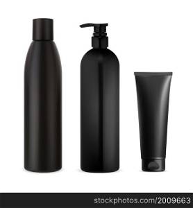 Set of black cosmetic bottle, shampoo bottle, pump container, cream tube. Realistic cosmetic collection, men body product. Body lotion dispenser template, black plastic bath pack template. Set of black cosmetic bottle, shampoo pump container