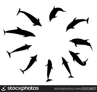 Set of black dolphins in different variants jump, fly, swim, dive . Vector Illustration. EPS10. Set of black dolphins in different variants jump, fly, swim, di