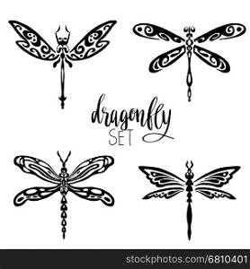Set of black dragonflies silhouettes isolated on white background. Vector illustration can be used for tattoo, logo, web, print design, logotype and branding.
