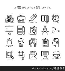 Set of black education thin, lines, outline icons. Items for study alphabet, pencil, headphones, bag, computer, glasses on white background. For web and mobile applications