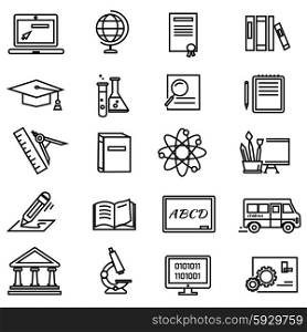 Set of black education thin, lines, outline icons. Items for study ruler, pencil, microscope, backpack, laptop, palette, diplome on white background. For web and mobile applications