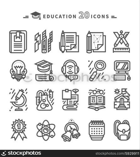 Set of black education thin, lines, outline icons. Items for study ruler, pencil, microscope, backpack, computer, flasks, glasses on white background. For web and mobile applications