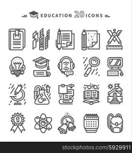 Set of black education thin, lines, outline icons. Items for study ruler, pencil, microscope, backpack, computer, flasks, glasses on white background. For web and mobile applications
